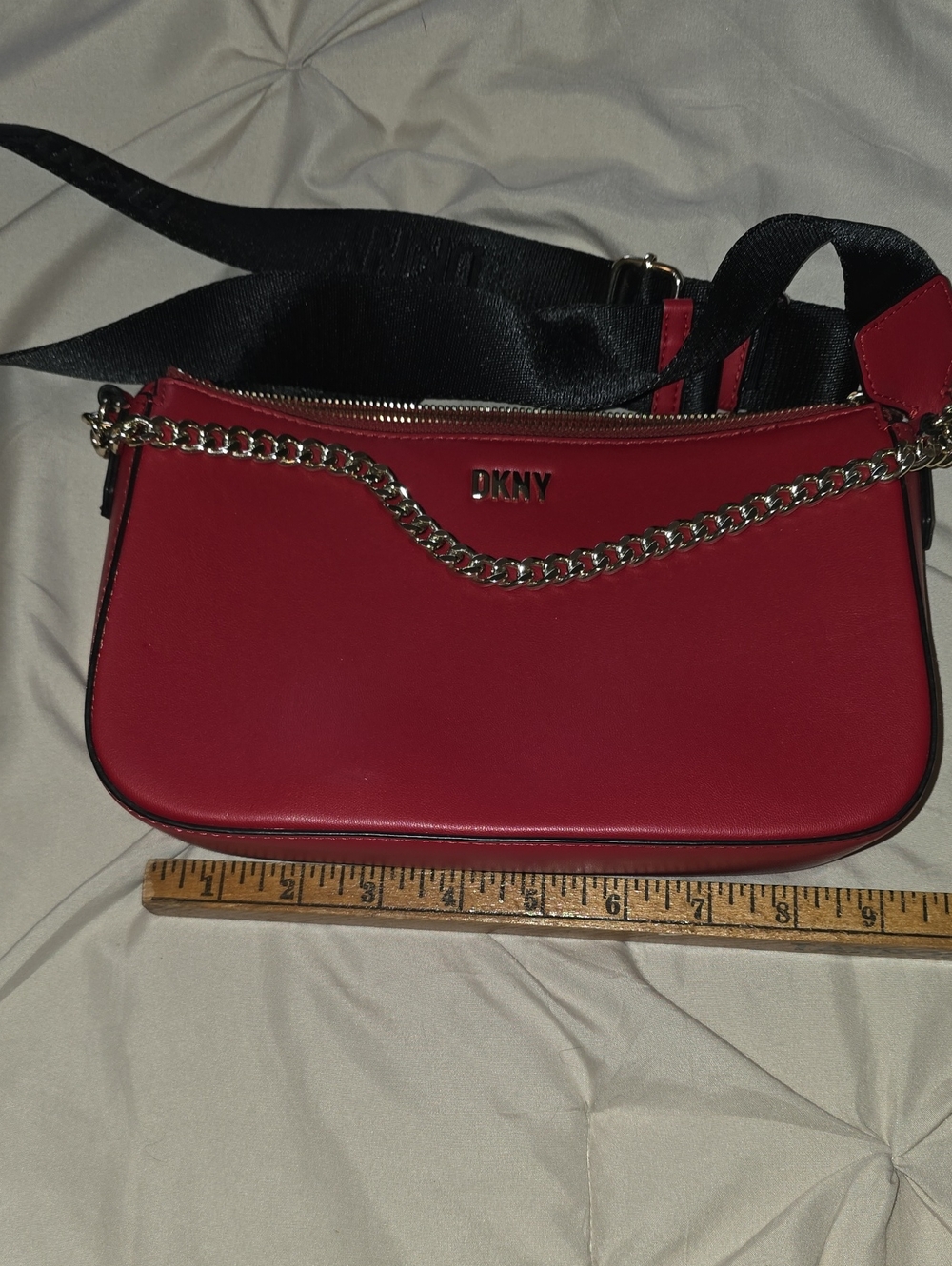 DKNY Red Leather Crossbody with Gold Chain Detail